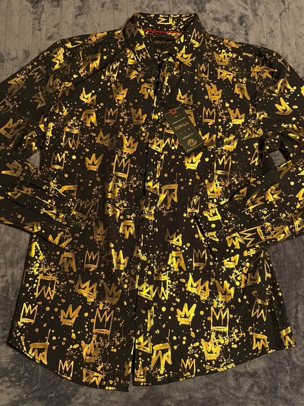 Men's Black Button-Down Shirt with Gold Crown Print